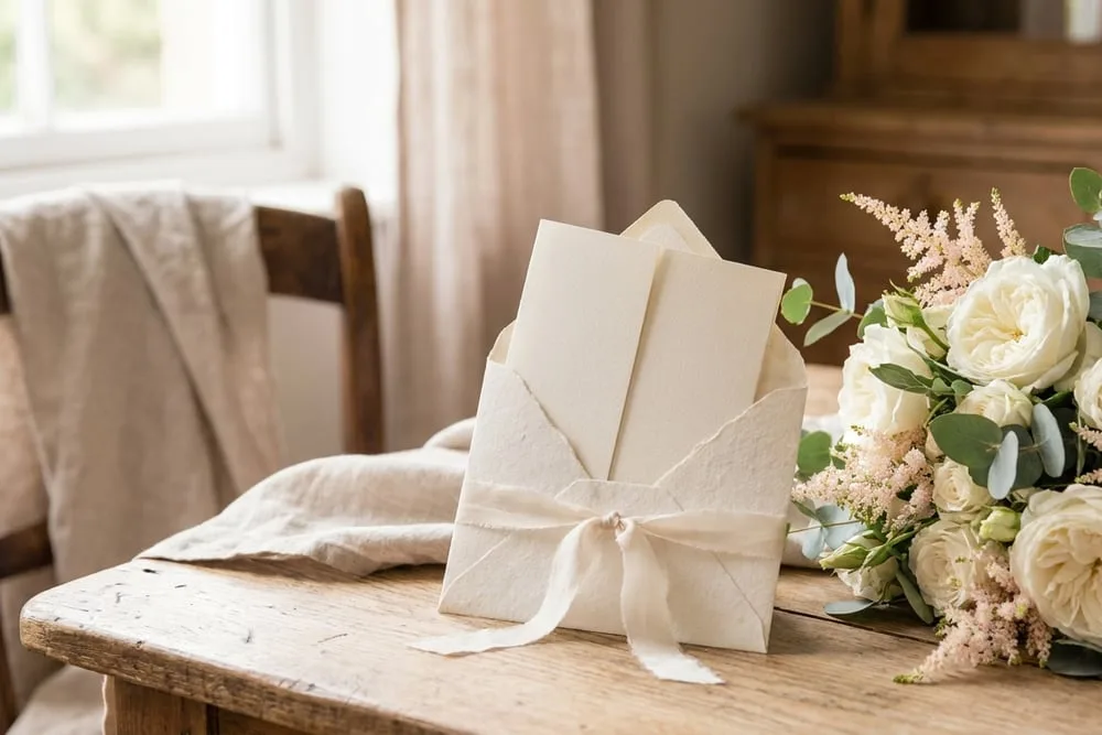 A wedding card on a gift table