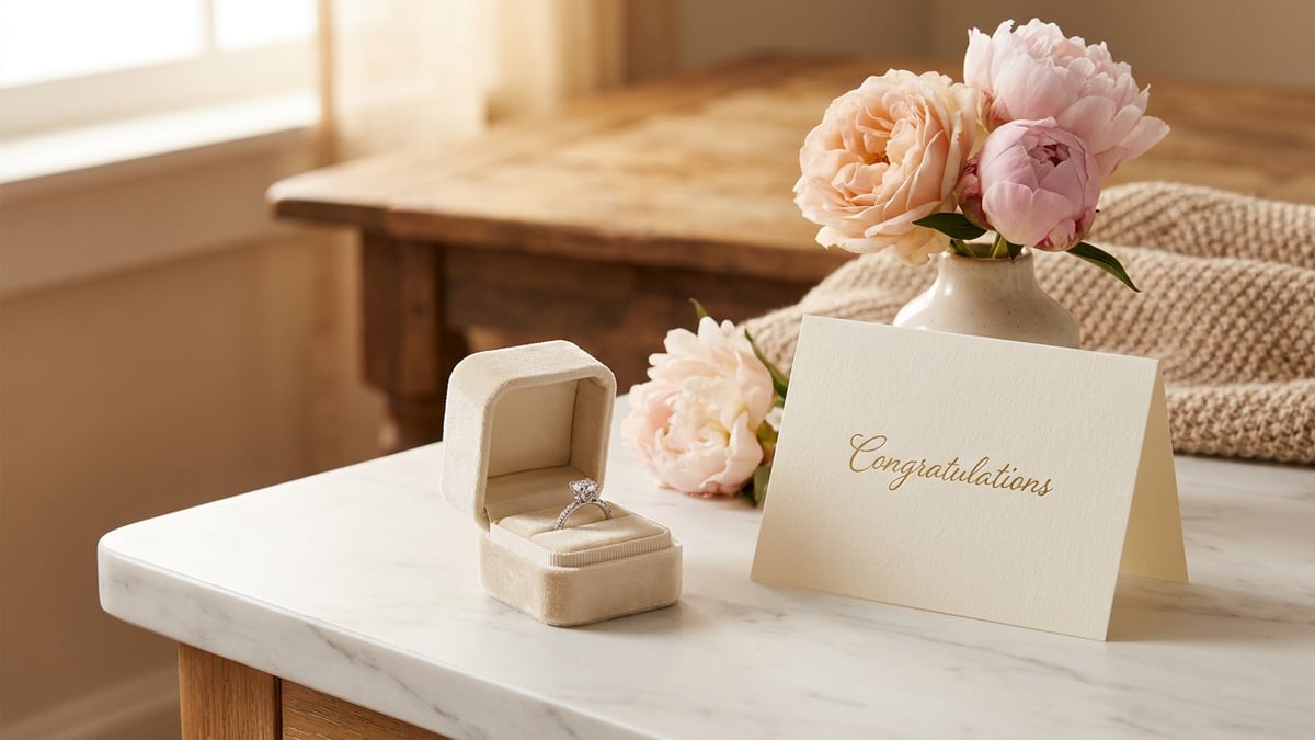 An engagement card with a ring box