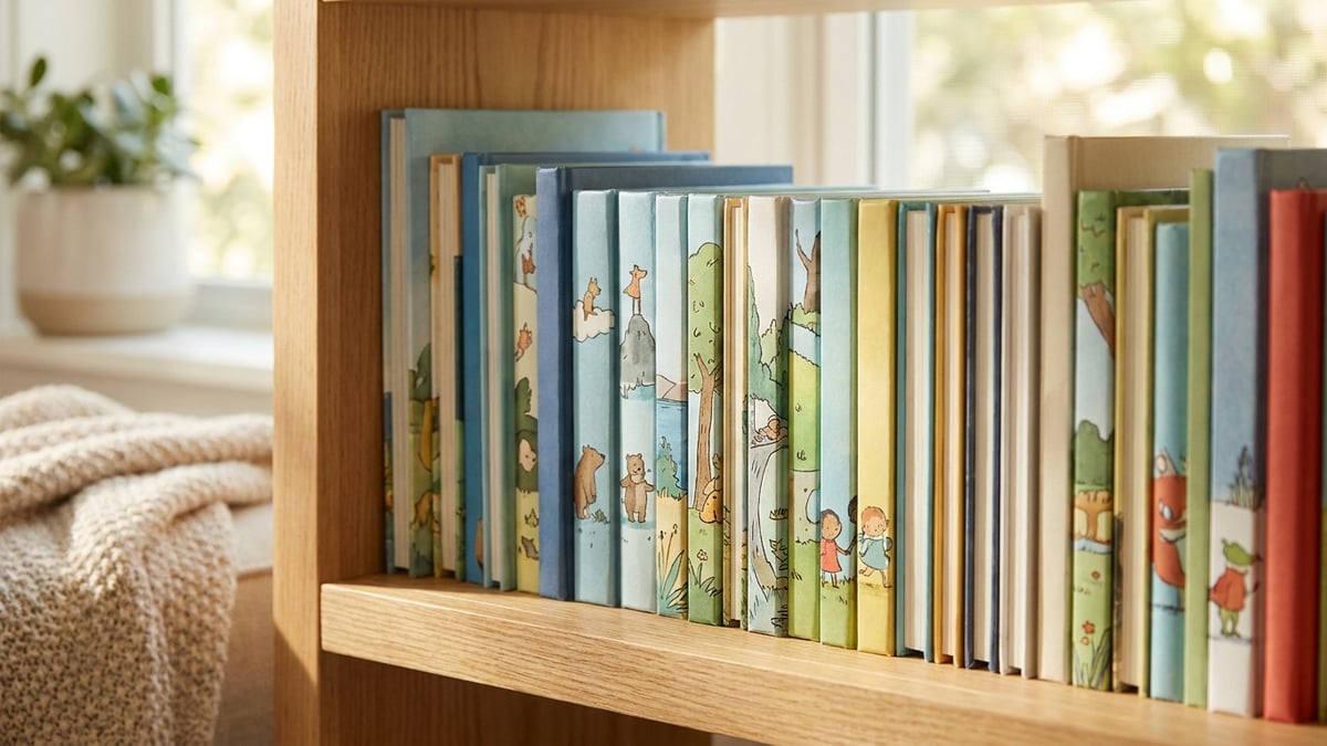 A selection of personalised children's books on a shelf