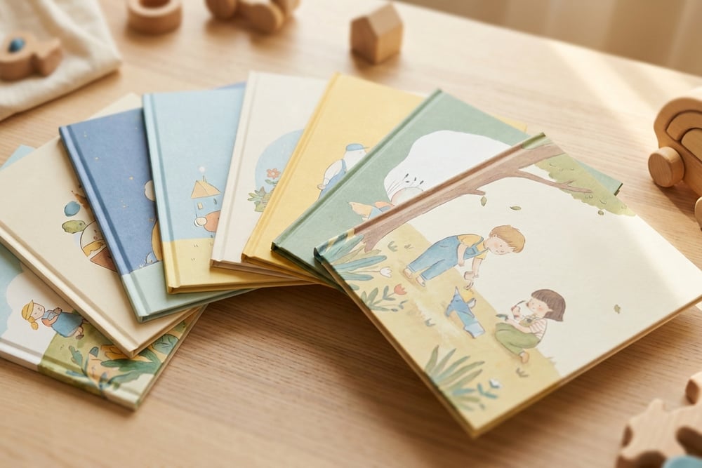 A selection of personalised children's books on a shelf