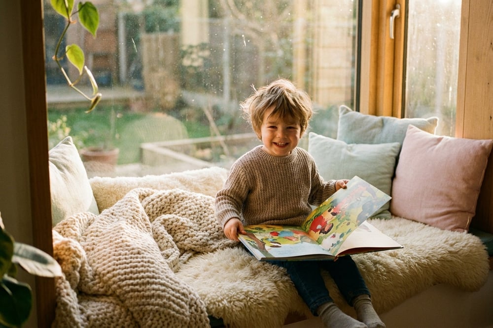 A child reading a personalised photo book